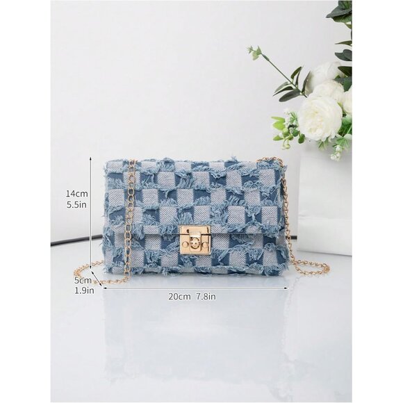 Women's Distressed Denim Crossbody Bag Mini Purse with Chain and Twist Lock - Picture 4 of 6